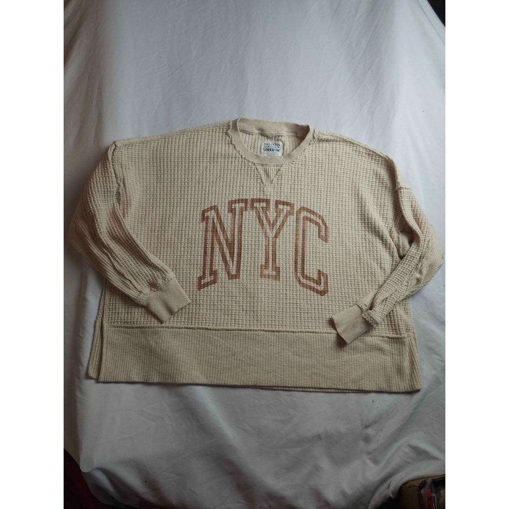 American Eagle Pullover‎ Sweater Womens Size XS Beige Waffle Knit NYC Crew Neck